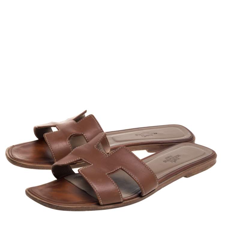 Pre Owned Hermes Brown Leather Oran Sandals Size 40