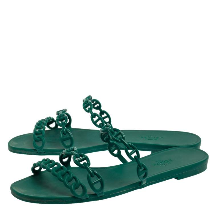 Pre Owned Hermes Green Rubber D'ancre Chaine Sandals Size 39