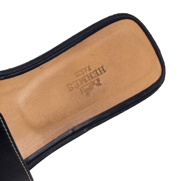 Pre Owned Hermes Black Leather Oran Flat Slides Size 36