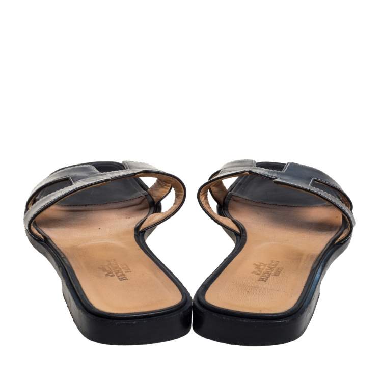 Pre Owned Hermes Black Leather Oran Flat Slides Size 36