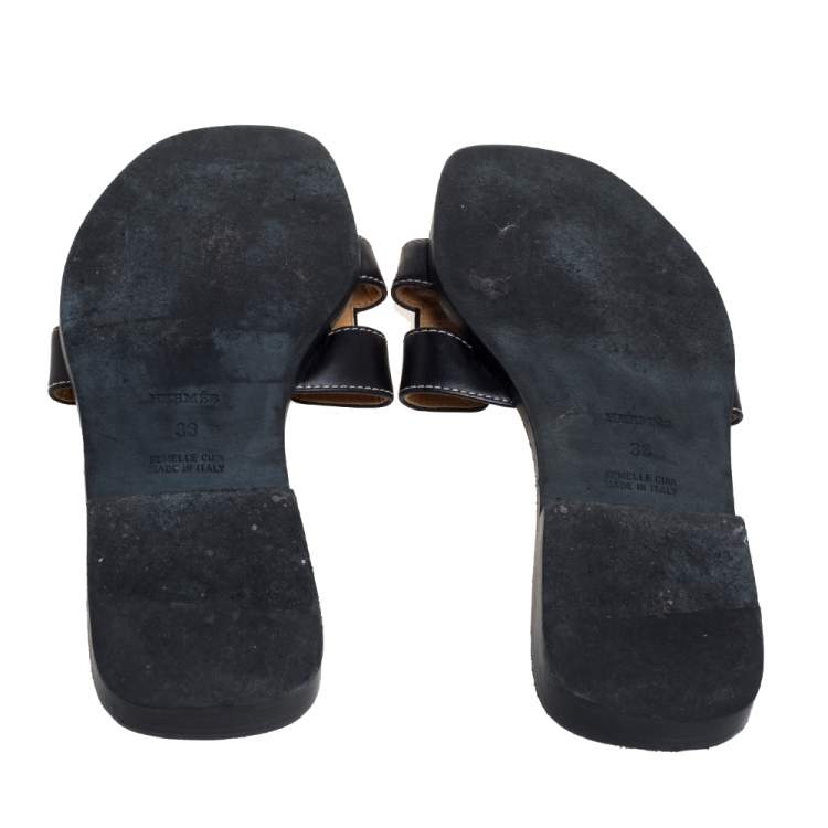 Pre Owned Hermes Black Leather Oran Flat Slides Size 36