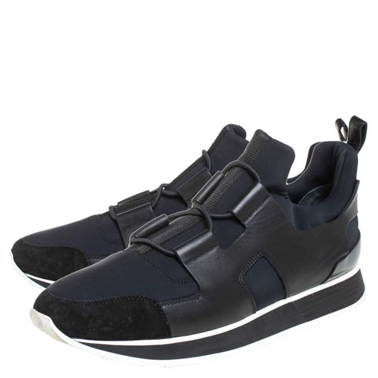 Pre Owned Hermes Black/Blue Leather And Nylon Low Top Sneakers Size 40