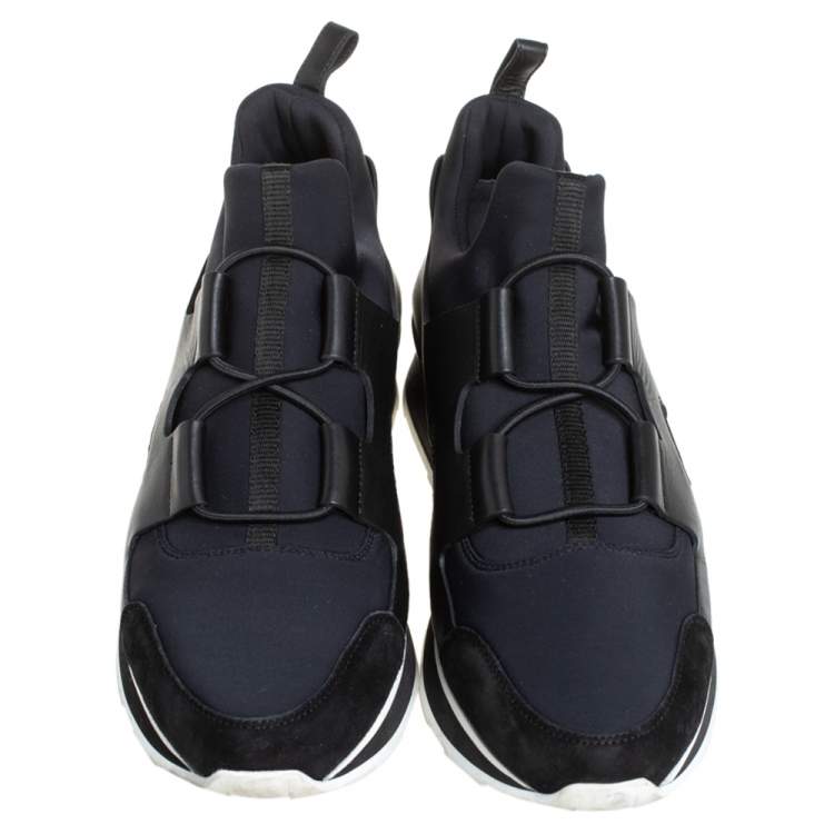 Pre Owned Hermes Black/Blue Leather And Nylon Low Top Sneakers Size 40