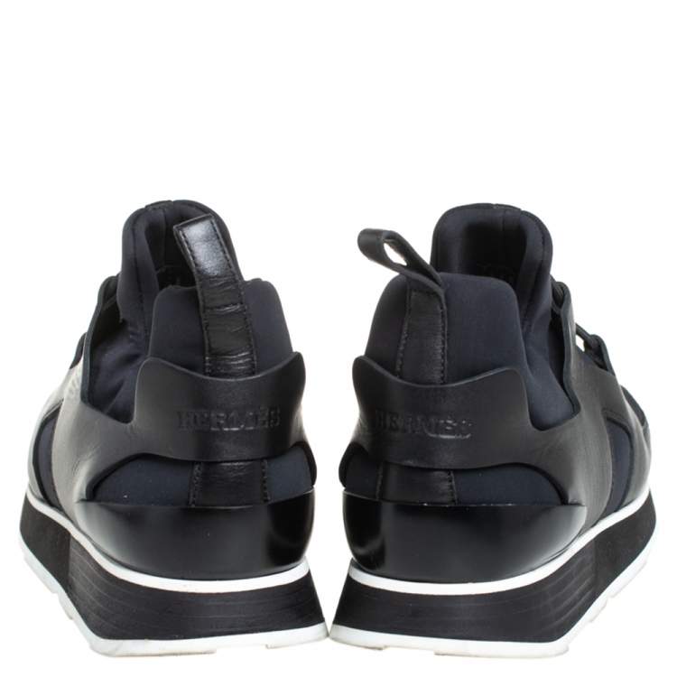 Pre Owned Hermes Black/Blue Leather And Nylon Low Top Sneakers Size 40