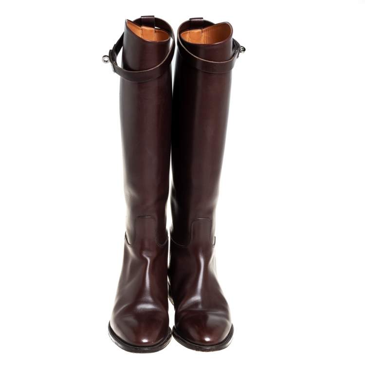 Pre Owned Hermes Brown Leather Jumping Knee Length Boots Size 38