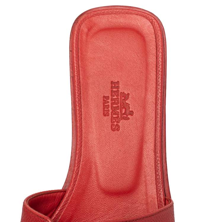 Pre Owned Hermes Red Leather Oran Flat Slides Size 35.5