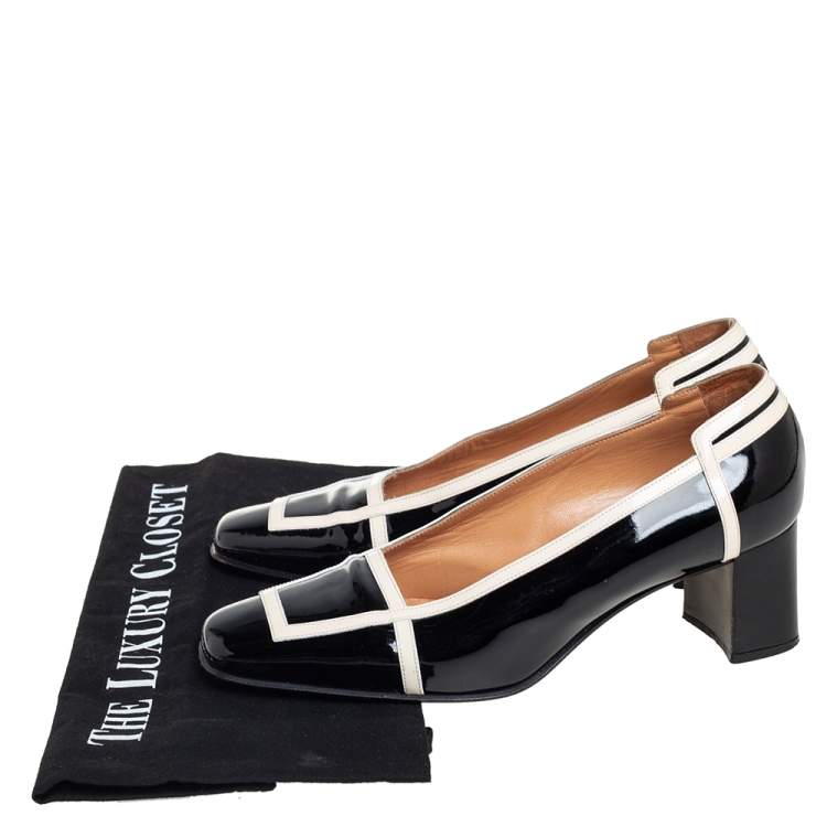 Pre Owned Hermes Black/Cream Patent Leather Square Toe Block Heel Pumps Size 35.5
