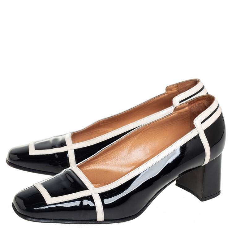 Pre Owned Hermes Black/Cream Patent Leather Square Toe Block Heel Pumps Size 35.5