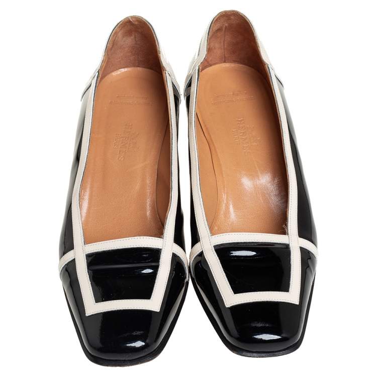 Pre Owned Hermes Black/Cream Patent Leather Square Toe Block Heel Pumps Size 35.5