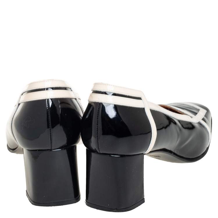 Pre Owned Hermes Black/Cream Patent Leather Square Toe Block Heel Pumps Size 35.5