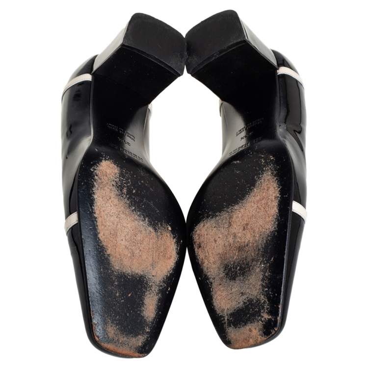 Pre Owned Hermes Black/Cream Patent Leather Square Toe Block Heel Pumps Size 35.5