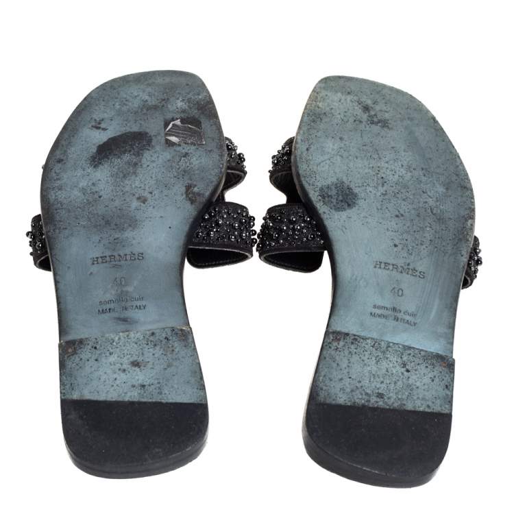 Pre Owned Hermes Black Glitter Suede Embellished Oran Flat Slides Size 40