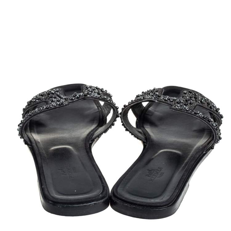 Pre Owned Hermes Black Glitter Suede Embellished Oran Flat Slides Size 40