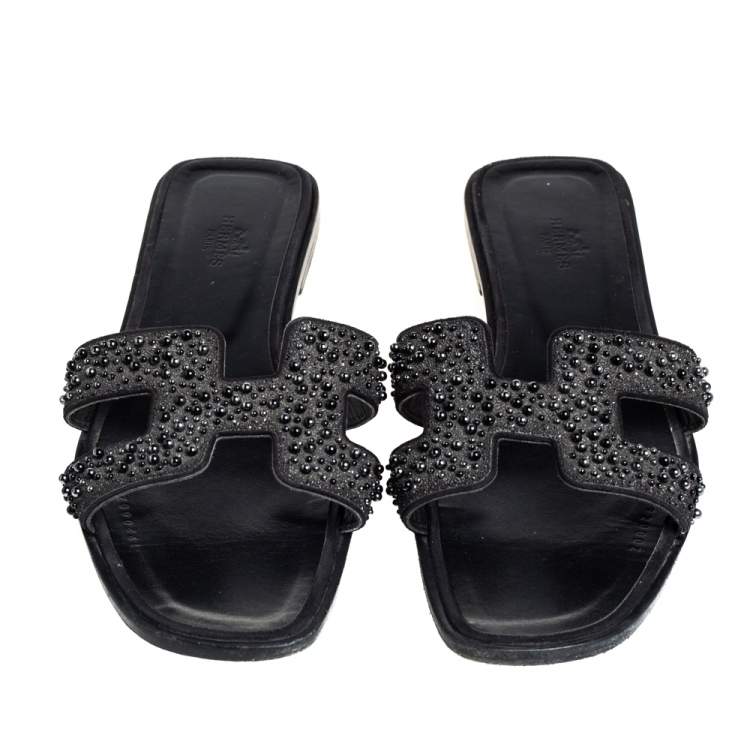 Pre Owned Hermes Black Glitter Suede Embellished Oran Flat Slides Size 40