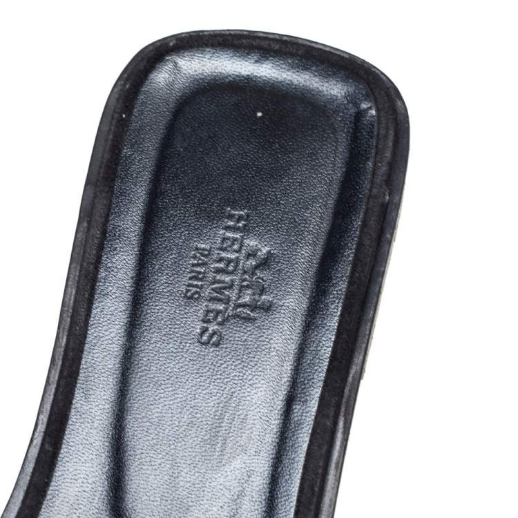 Pre Owned Hermes Black Glitter Suede Embellished Oran Flat Slides Size 40