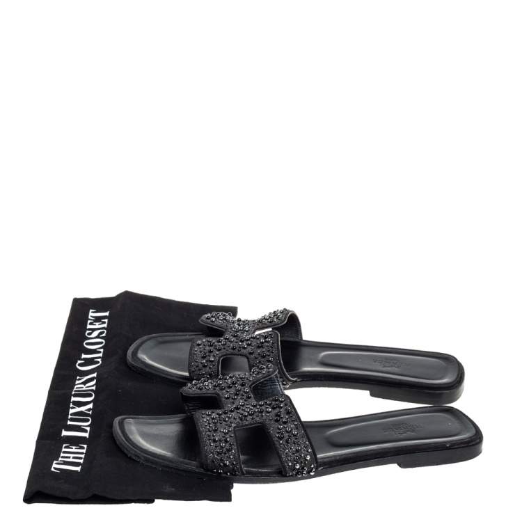 Pre Owned Hermes Black Glitter Suede Embellished Oran Flat Slides Size 40