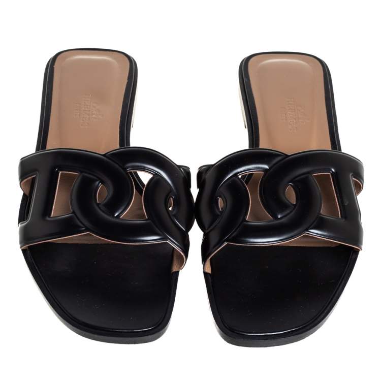 Pre Owned Hermés Black Leather Aloha Flat Slides Size 36