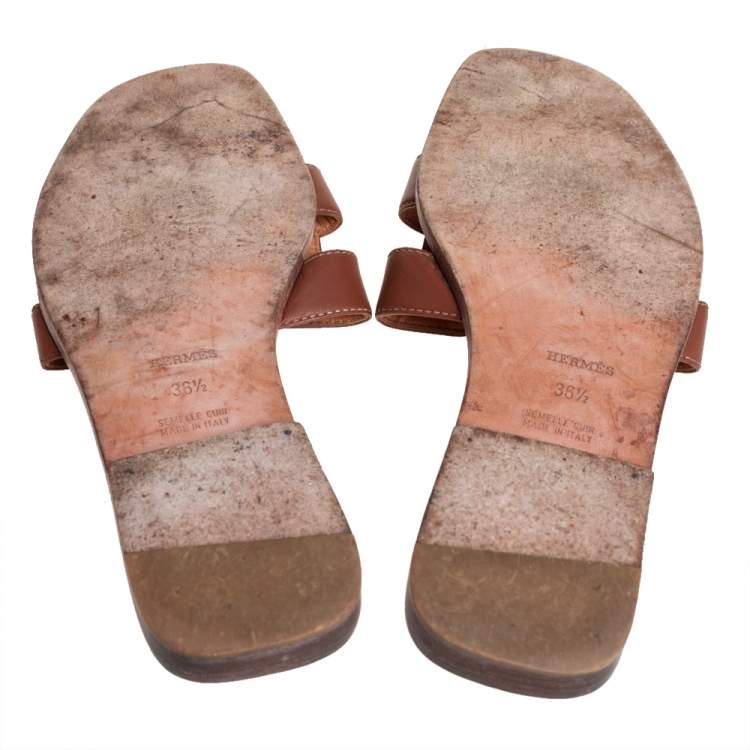 Pre Owned Hermes Brown Leather Oran Flat Slides Size 36.5