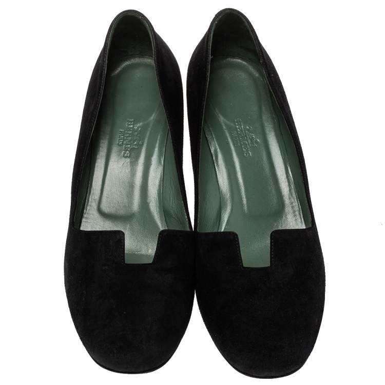 Pre Owned Hermes Black Suede Slip On Block Heel Pumps Size 38