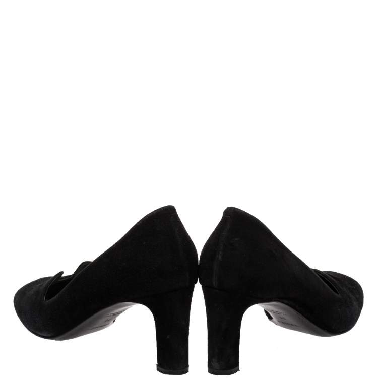 Pre Owned Hermes Black Suede Slip On Block Heel Pumps Size 38