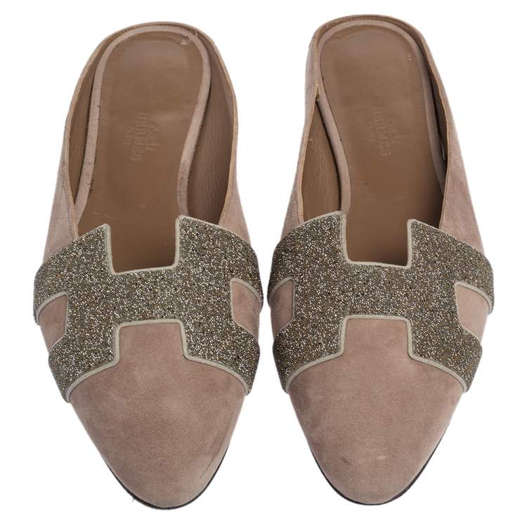 Pre Owned Hermes Pink Suede and Crystal Powder Nice Mule Flats Size 39