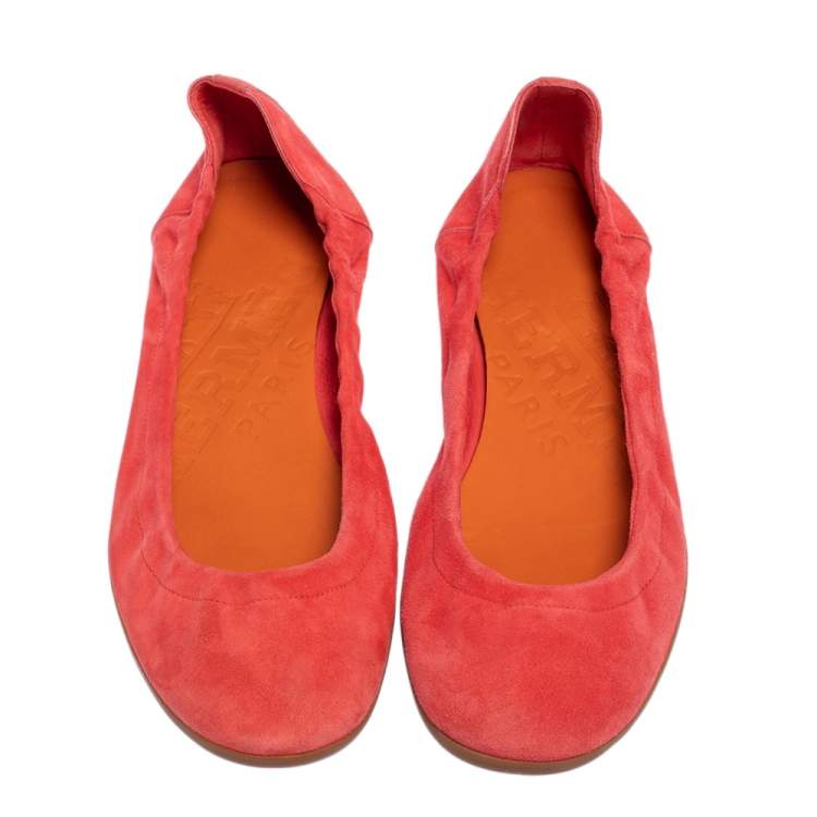 Pre Owned Hermes Coral Orange Suede Ballet  Flats Size 38