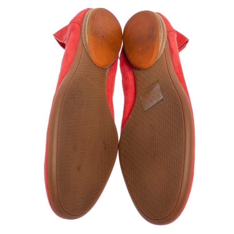 Pre Owned Hermes Coral Orange Suede Ballet  Flats Size 38