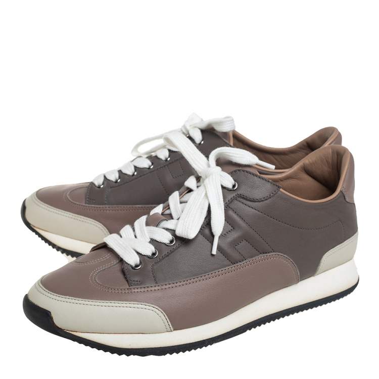 Pre Owned Hermes Grey/Beige Leather Trial Low Top Sneakers Size 40