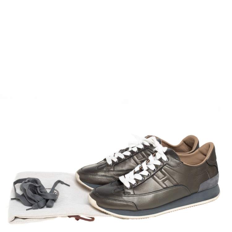 Pre Owned Hermes Metallic Grey Leather Trial Low Top Sneakers Size 39