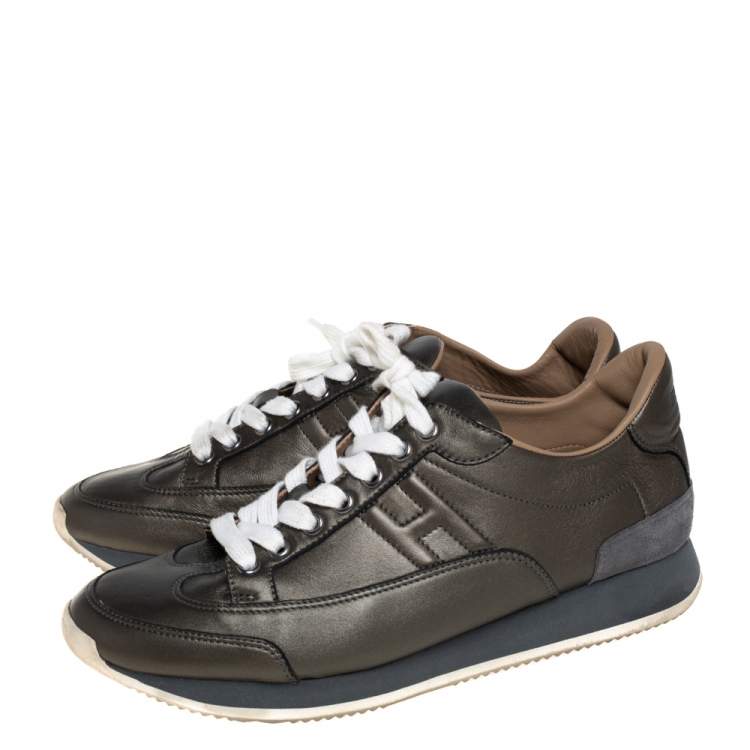 Pre Owned Hermes Metallic Grey Leather Trial Low Top Sneakers Size 39