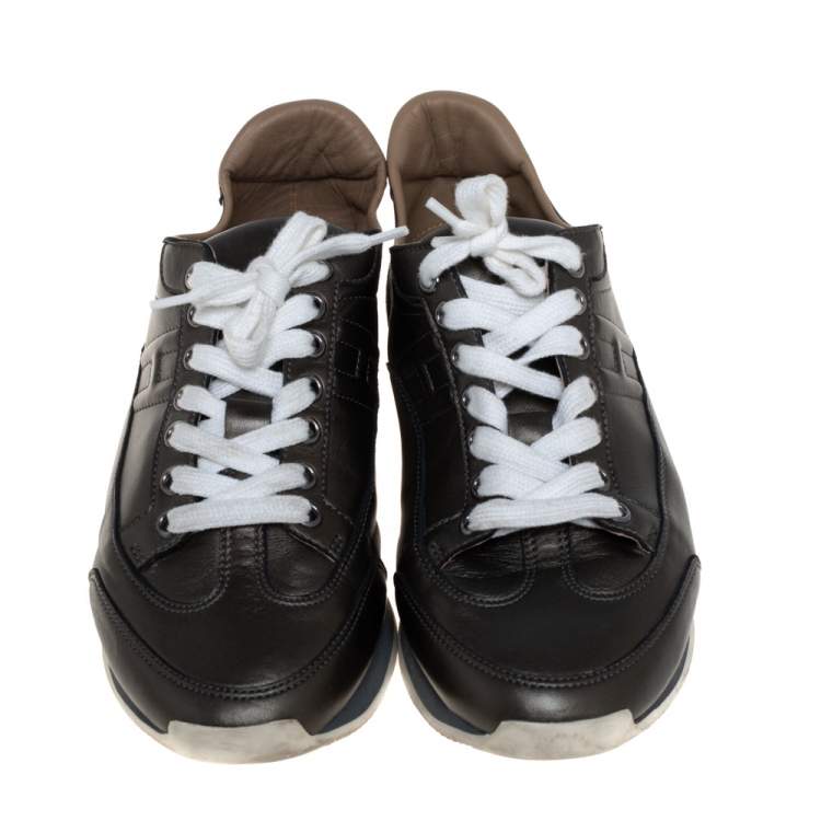 Pre Owned Hermes Metallic Grey Leather Trial Low Top Sneakers Size 39