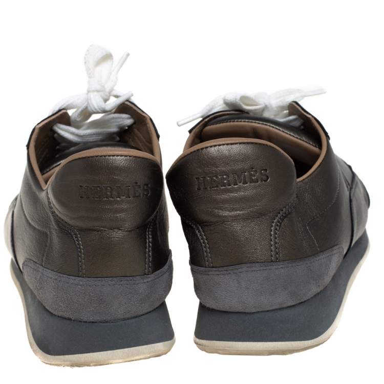 Pre Owned Hermes Metallic Grey Leather Trial Low Top Sneakers Size 39