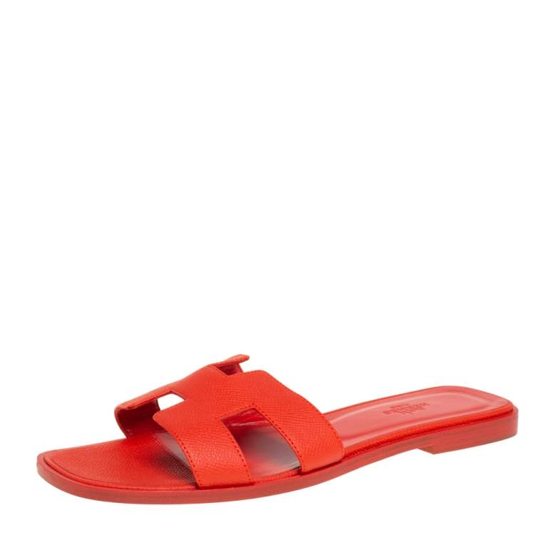 Pre Owned Hermes Red Leather Oran Flat Slides Size 39