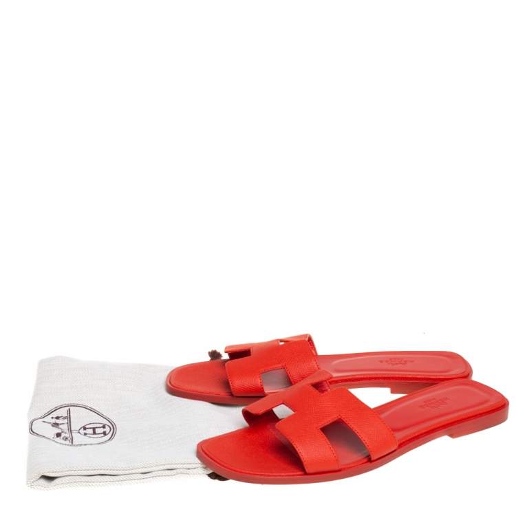 Pre Owned Hermes Red Leather Oran Flat Slides Size 39