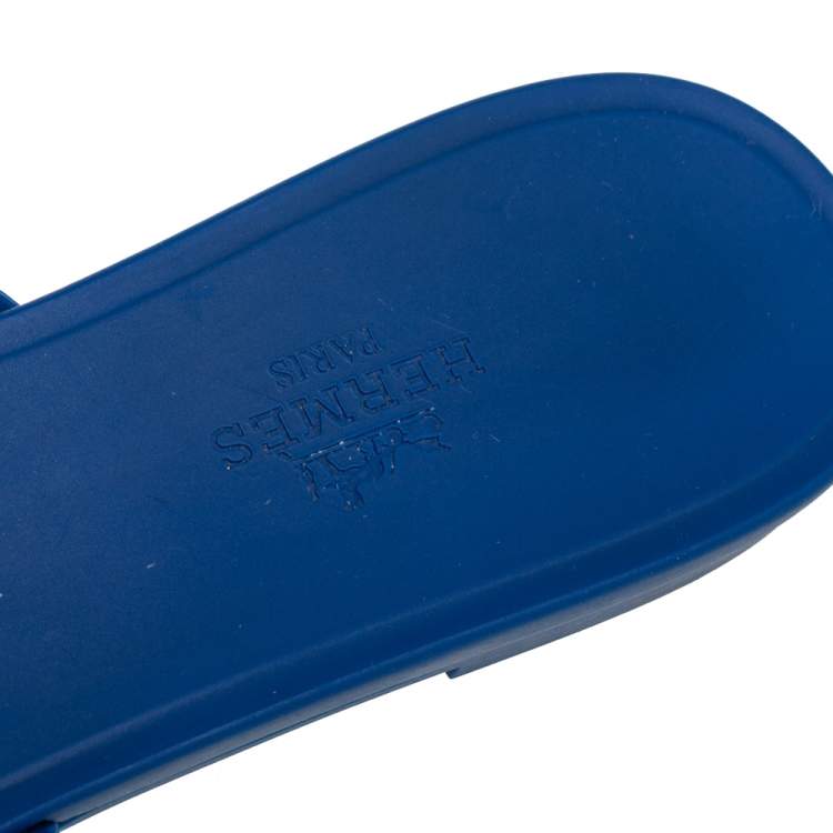 Pre Owned Hermés Blue Rubber Chaîne d'Ancre Rivage Flat Slides Size 37