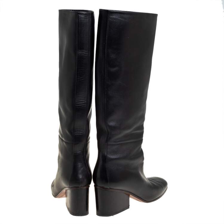 Pre Owned Hermes Black Leather Knee Length Boots Size 38