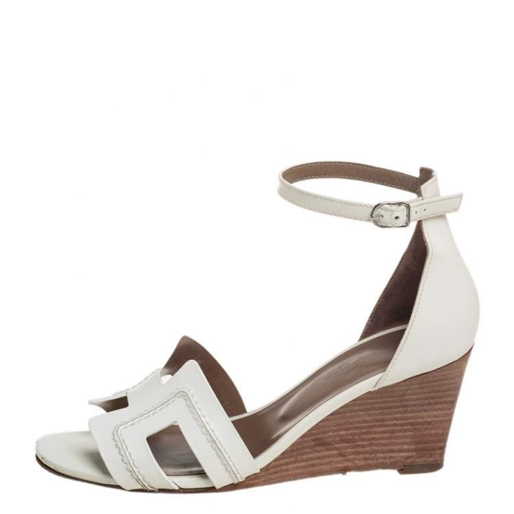 Hermes White Leather Legend Wedge Ankle Strap Sandals Size