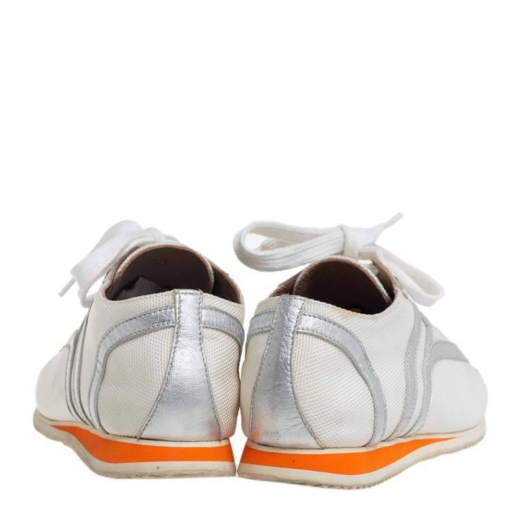 Pre Owned Hermes White Nylon And Silver Leather Low Top Sneakers Size 38