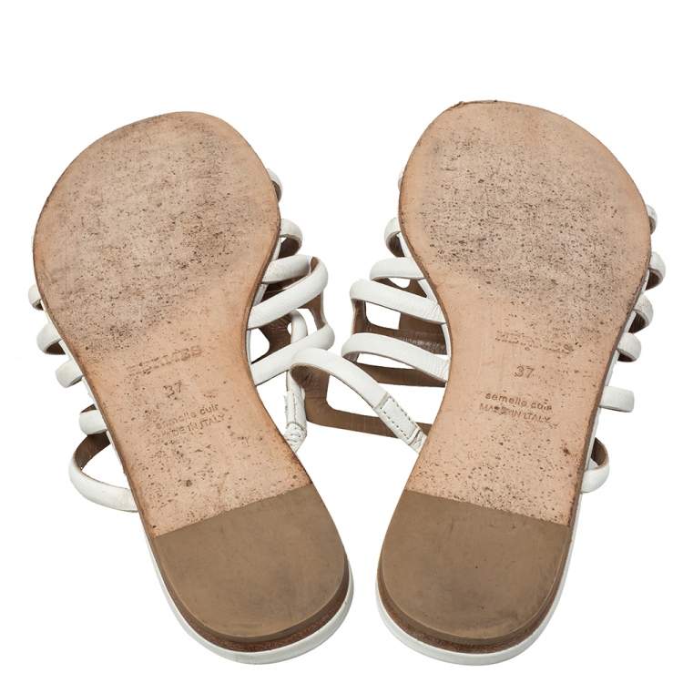 Pre Owned Hermés White Leather Olympe Flat Slides Size 37