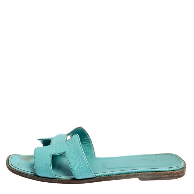 Pre Owned Hermes Blue Leather Oran Flats Size 39