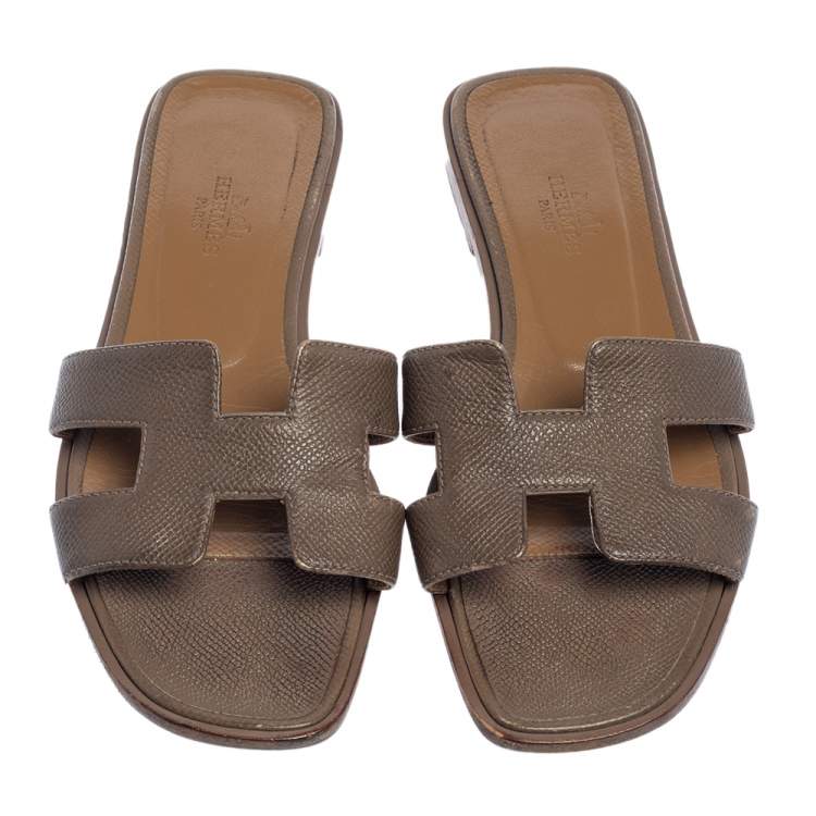 Pre Owned Hermes Brown Leather Oran Flats Size 36