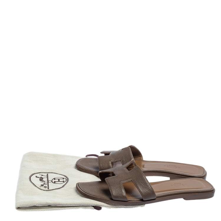 Pre Owned Hermes Brown Leather Oran Flats Size 36