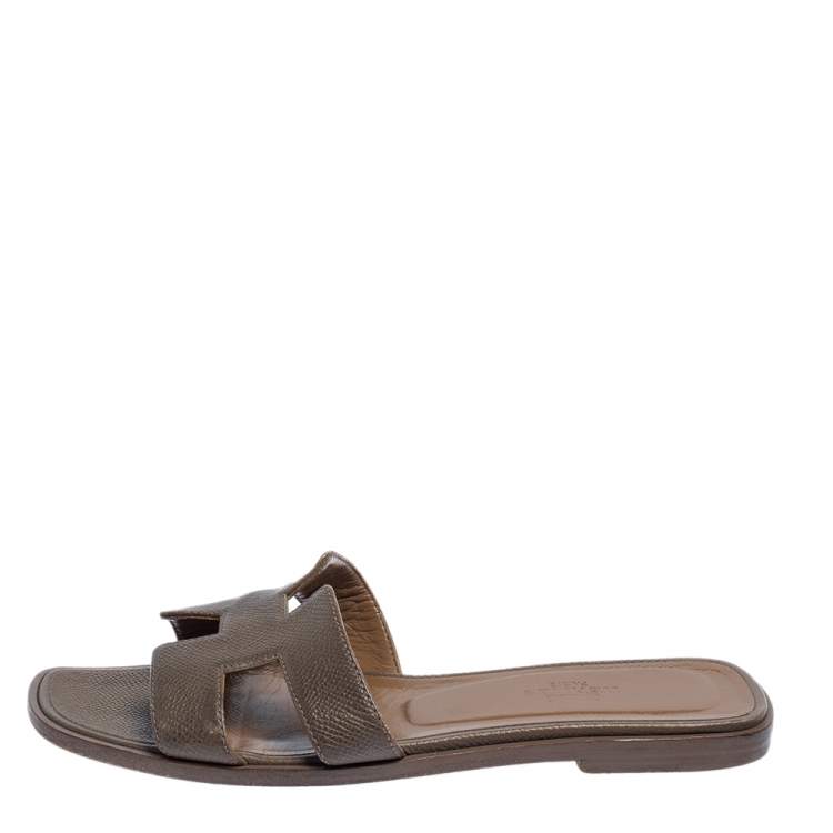 Pre Owned Hermes Brown Leather Oran Flats Size 36
