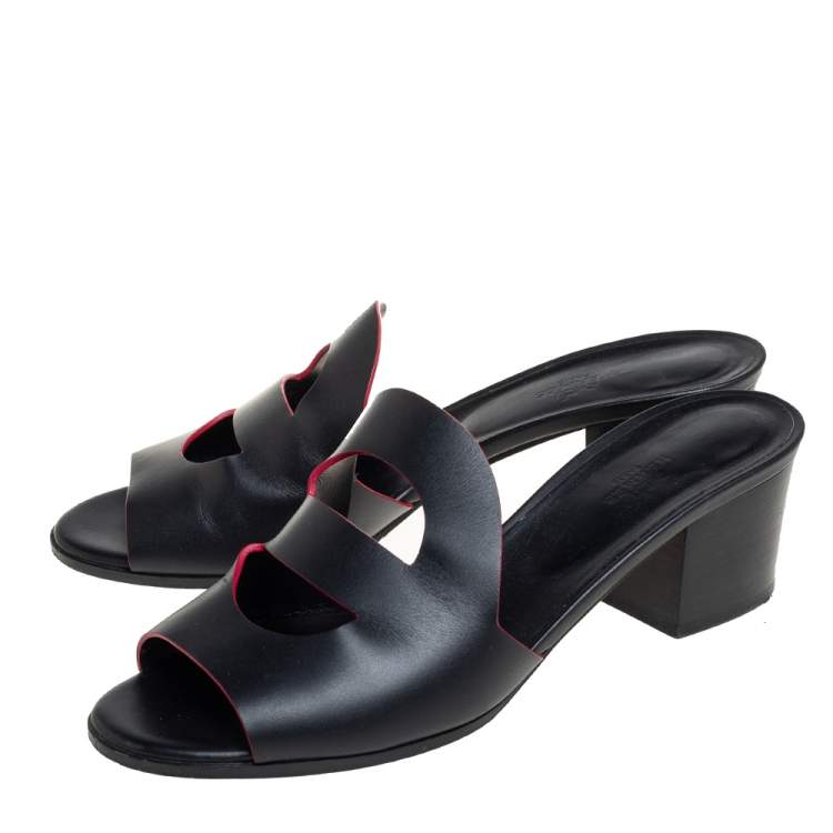 Pre Owned Hermes Black Leather Mona Slide Sandals Size 41