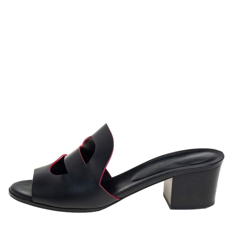 Pre Owned Hermes Black Leather Mona Slide Sandals Size 41