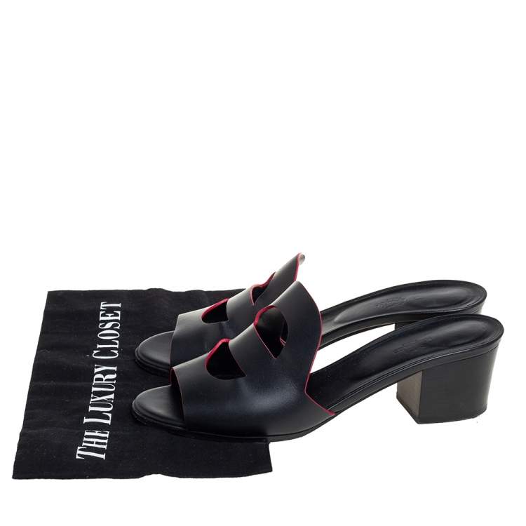 Pre Owned Hermes Black Leather Mona Slide Sandals Size 41