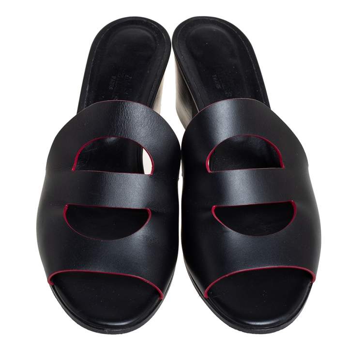 Pre Owned Hermes Black Leather Mona Slide Sandals Size 41