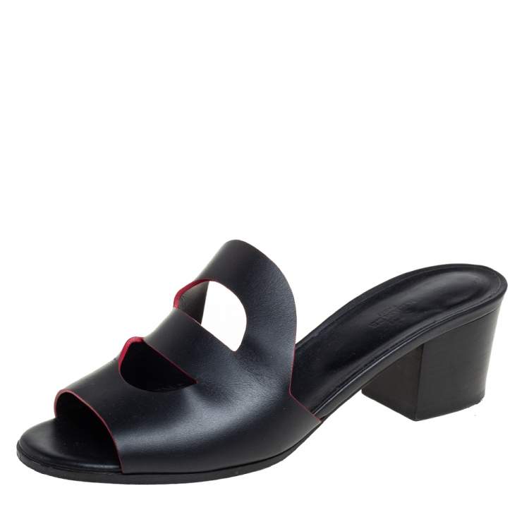 Pre Owned Hermes Black Leather Mona Slide Sandals Size 41