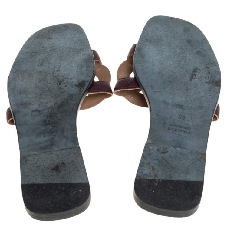 Pre Owned Hermes Burgundy Leather Omaha Slide Flats Size 38