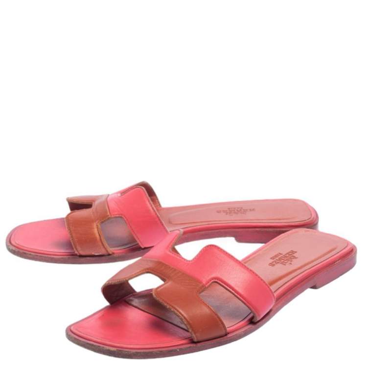 Pre Owned Hermes Two Tone Leather Oran Flats Size 36
